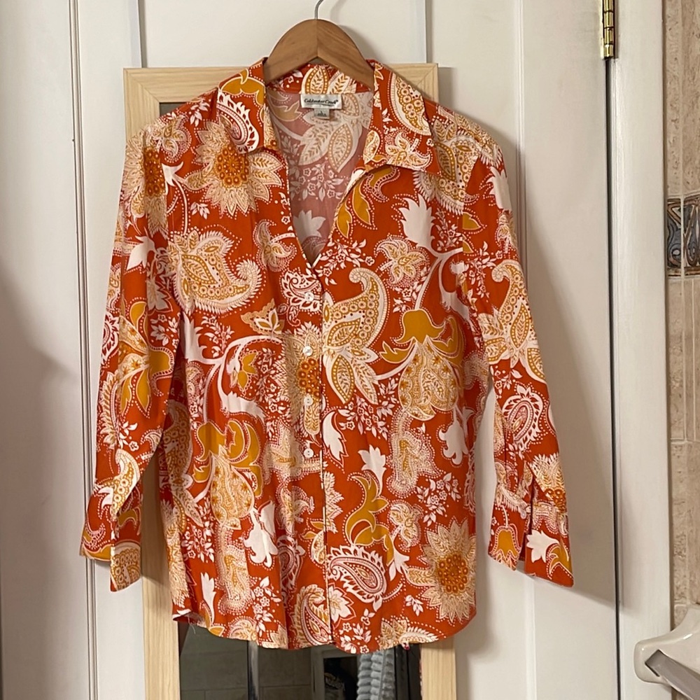 Coldwater Creek women’s blouse L v neck button down 3/4 sleeve paisley print